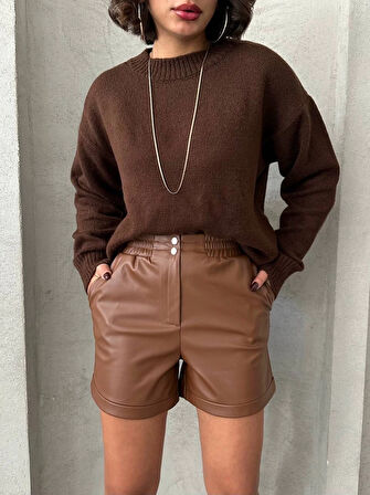 Beli lastikli çıtçıtlı deri şort kahve w241007