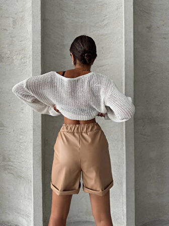 Beli lastikli duble paça deri şort bej w24755