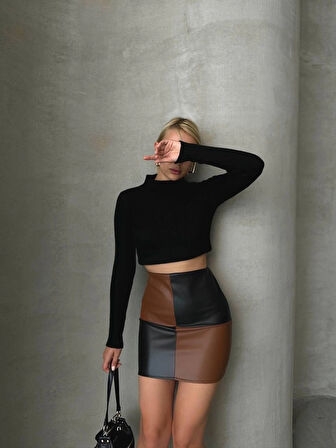 Damalı deri etek siyah kahve w24648