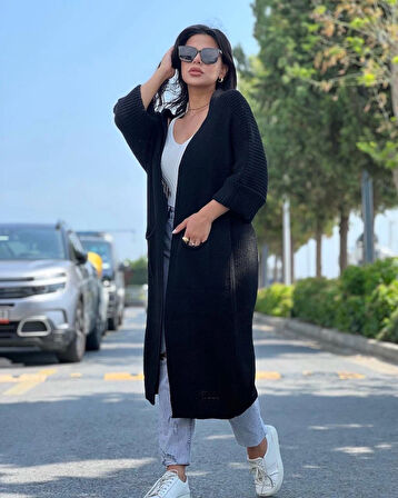 Yarasa kol uzun triko hırka siyah