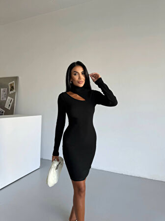 Boğazlı gögüs dekolteli elbise siyah f2333