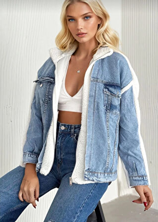 Kürklü kot ceket mavi t7009