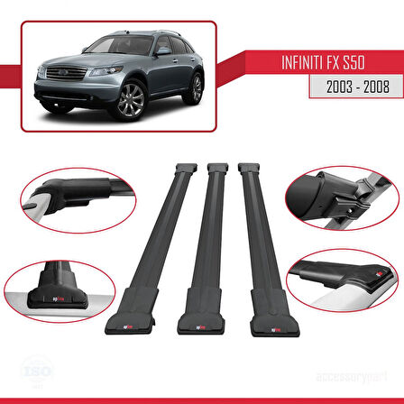 Infiniti FX (S50) 2003-2008 Arası ile Uyumlu FLY Model Ara Atkı Tavan Barı Siyah 3 Adet