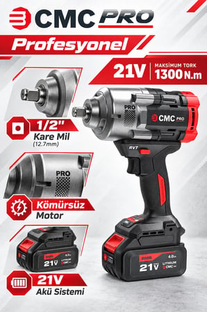CMC Profesyonel 21V Kömürsüz Akülü Somun Sökme ve Sıkma Makinesi – 1300 Nm, 1/2 İnç, Çift 4 Ah Akü