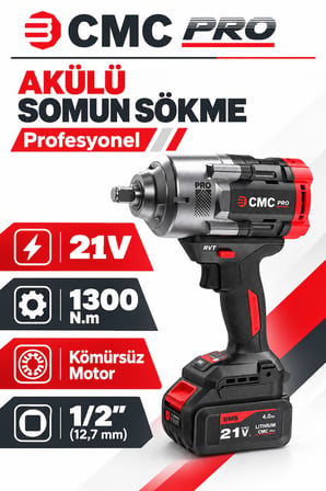 CMC Profesyonel 21V Kömürsüz Akülü Somun Sökme ve Sıkma Makinesi – 1300 Nm, 1/2 İnç, Çift 4 Ah Akü