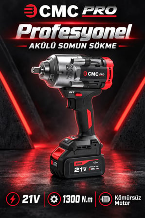 CMC Profesyonel 21V Kömürsüz Akülü Somun Sökme ve Sıkma Makinesi – 1300 Nm, 1/2 İnç, Çift 4 Ah Akü