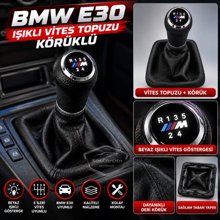 BMW E30 Uyumlu Led Işıklı Deri Vites Topuzu ve Körüğü Set Körüklü Vites Topuzu 5 İleri 1 Geri