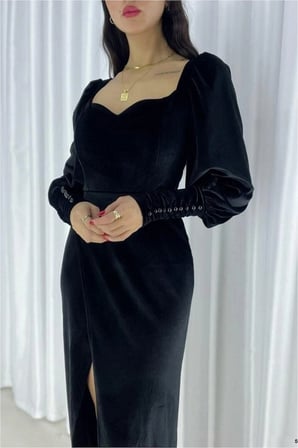 Kadın Trend Model Kadife Kumaş Kare Yaka Yırtmaçlı Abiye Elbise