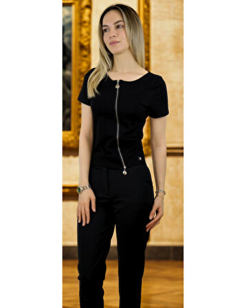 Fermuar Detaylı Modern Kadın T-shirt