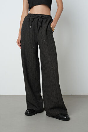 Kadın Simli Bol Paça Beli Lastikli Düz Renk Pantolon