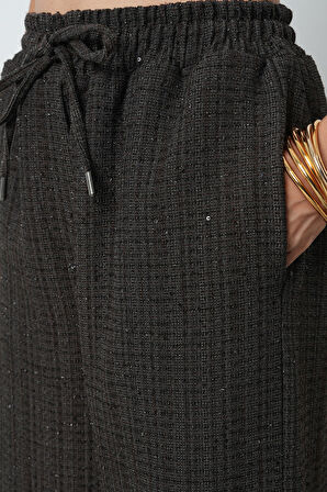 Kadın Simli Bol Paça Beli Lastikli Düz Renk Pantolon