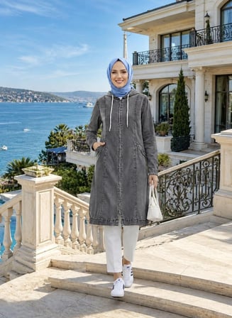 Kadın Kapüşonlu Cepli  Fermuarlı Gri  Kot Kap