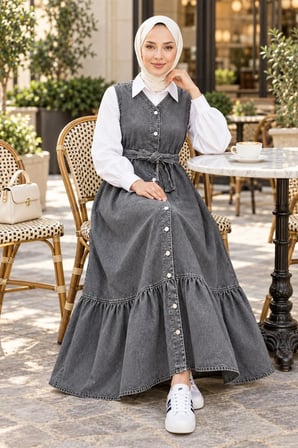 Kadın Düğmeli Kuşaklı Eteği Fırfırlı Gri Kot Jile