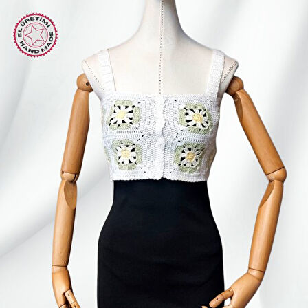 Uretti - Yıldız 7202 8363 El Örgüsü Yazlık Beyaz Kadın Büstiyer / Crop Bluz - 36/38/40 - Yeşil