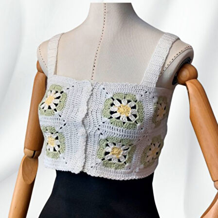 Uretti - Yıldız 7202 8363 El Örgüsü Yazlık Beyaz Kadın Büstiyer / Crop Bluz - 36/38/40 - Yeşil