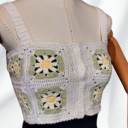 Uretti - Yıldız 7202 8363 El Örgüsü Yazlık Beyaz Kadın Büstiyer / Crop Bluz - 36/38/40 - Yeşil