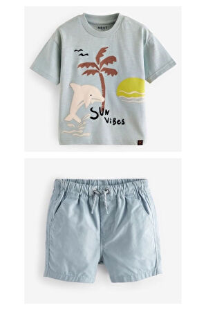 Next Baby % 100 Pamuklu Kahverengi / Mavi Kısa Kollu Tshirt Şort 3’lü Alt Üst Takım