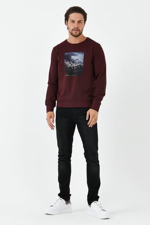 Erkek Kışlık Baskılı Bisiklet Yaka Lacivert Sweatshirt