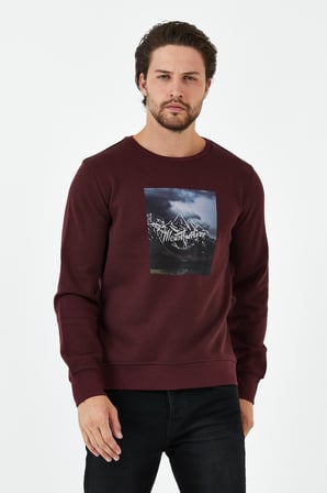 Erkek Kışlık Baskılı Bisiklet Yaka Lacivert Sweatshirt