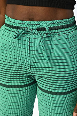 Yatay Çizgi Desenli Beli Lastikli Rahat Kalıp Pantolon