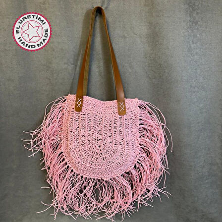 Uretti - Ayşe 4723 El Örgüsü Püsküllü Kağıt İp Kadın Omuz Çantası