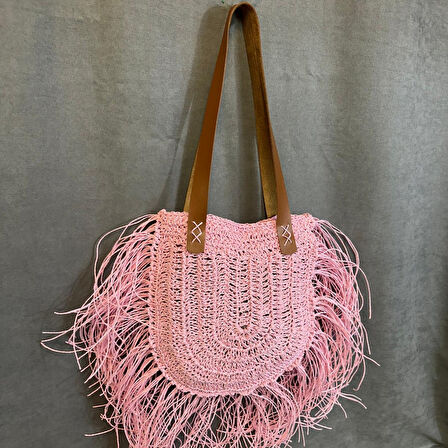 Uretti - Ayşe 4723 El Örgüsü Püsküllü Kağıt İp Kadın Omuz Çantası