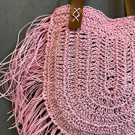 Uretti - Ayşe 4723 El Örgüsü Püsküllü Kağıt İp Kadın Omuz Çantası