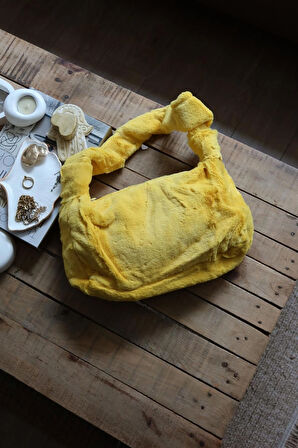 sarı tek kulplu peluş omuz çantası
