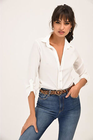 Kadın Ekru Beyaz Viskon Uzun Kollu Basic Gömlek 4094200