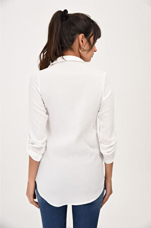 Kadın Ekru Beyaz Viskon Uzun Kollu Basic Gömlek 4094200