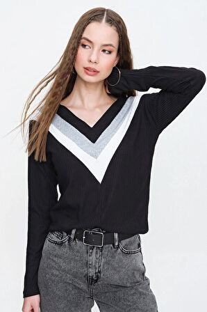 Kadın V Yaka Siyah Çok Renkli Uzun Kollu Büyük Beden Seçenekli Pamuklu Yumuşak Tarz Kazak 2750230