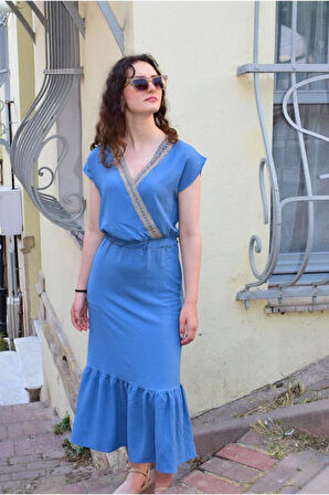 Kadın Turuncu Hasır Kruvaze Yaka Kısa Kollu Etek Ucu Fırfırlı Uzun Elbise 2856250