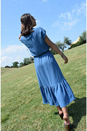 Kadın Turuncu Hasır Kruvaze Yaka Kısa Kollu Etek Ucu Fırfırlı Uzun Elbise 2856250