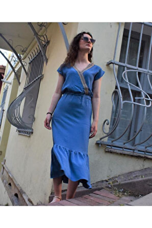 Kadın Turuncu Hasır Kruvaze Yaka Kısa Kollu Etek Ucu Fırfırlı Uzun Elbise 2856250