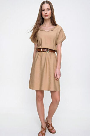 Pasaklı Giyim Kadın Siyah Beli Büzgülü Yakası Düğmeli Rahat Keten Elbise Yb2874240