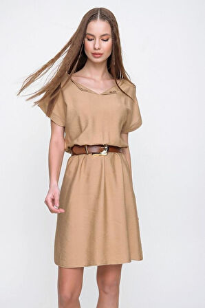 Pasaklı Giyim Kadın Siyah Beli Büzgülü Yakası Düğmeli Rahat Keten Elbise Yb2874240