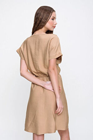 Pasaklı Giyim Kadın Siyah Beli Büzgülü Yakası Düğmeli Rahat Keten Elbise Yb2874240