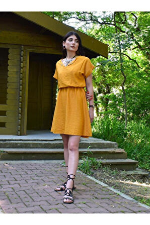 Pasaklı Giyim Kadın Siyah Beli Büzgülü Yakası Düğmeli Rahat Keten Elbise Yb2874240