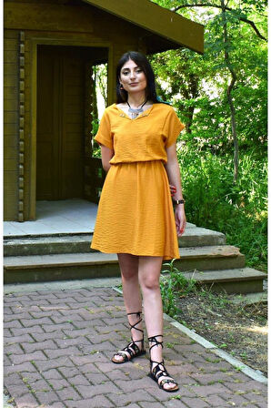 Pasaklı Giyim Kadın Siyah Beli Büzgülü Yakası Düğmeli Rahat Keten Elbise Yb2874240