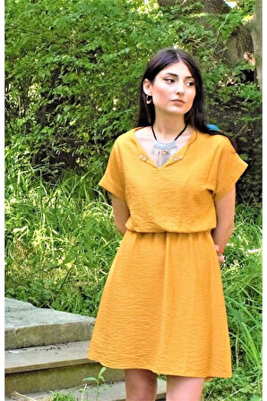 Pasaklı Giyim Kadın Siyah Beli Büzgülü Yakası Düğmeli Rahat Keten Elbise Yb2874240