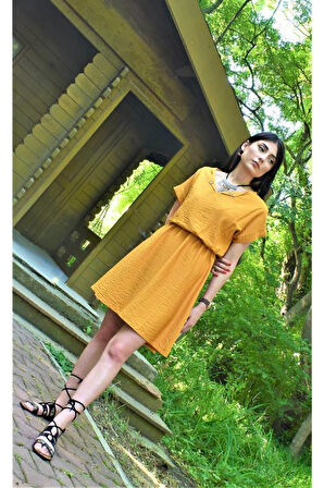 Pasaklı Giyim Kadın Siyah Beli Büzgülü Yakası Düğmeli Rahat Keten Elbise Yb2874240