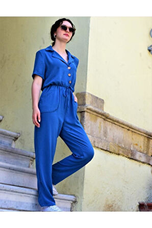 Kadın Pudra Düğmeli Cepli Beli Büzgülü Kemerli Kısa Kollu Ceket Yaka Rahat Tulum Yb2622300