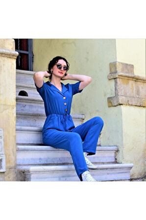 Kadın Pudra Düğmeli Cepli Beli Büzgülü Kemerli Kısa Kollu Ceket Yaka Rahat Tulum Yb2622300