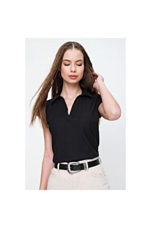 Kadın Kırmızı Mercan Kısa Kollu Fitilli Kaşkorse Viskon Pamuk Polo Yaka Bluz T-Shirt 2879140