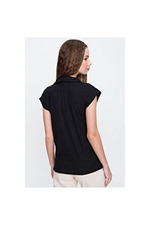 Kadın Kırmızı Mercan Kısa Kollu Fitilli Kaşkorse Viskon Pamuk Polo Yaka Bluz T-Shirt 2879140