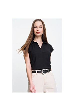 Kadın Kırmızı Mercan Kısa Kollu Fitilli Kaşkorse Viskon Pamuk Polo Yaka Bluz T-Shirt 2879140