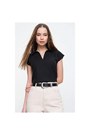 Kadın Kırmızı Mercan Kısa Kollu Fitilli Kaşkorse Viskon Pamuk Polo Yaka Bluz T-Shirt 2879140