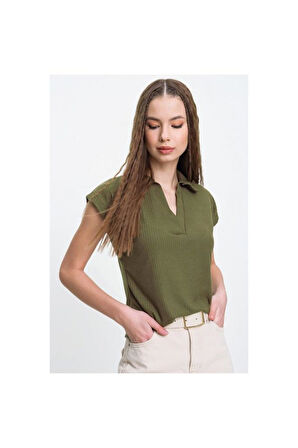 Kadın Kırmızı Mercan Kısa Kollu Fitilli Kaşkorse Viskon Pamuk Polo Yaka Bluz T-Shirt 2879140