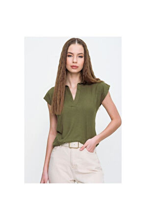 Kadın Kırmızı Mercan Kısa Kollu Fitilli Kaşkorse Viskon Pamuk Polo Yaka Bluz T-Shirt 2879140