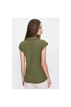 Kadın Kırmızı Mercan Kısa Kollu Fitilli Kaşkorse Viskon Pamuk Polo Yaka Bluz T-Shirt 2879140